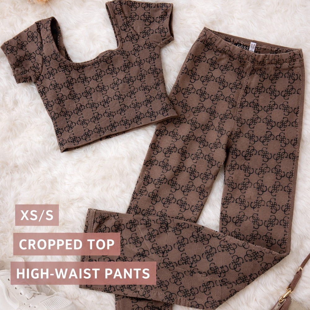 Guess Brown Cropped Top and High-Waist Pants Set xs